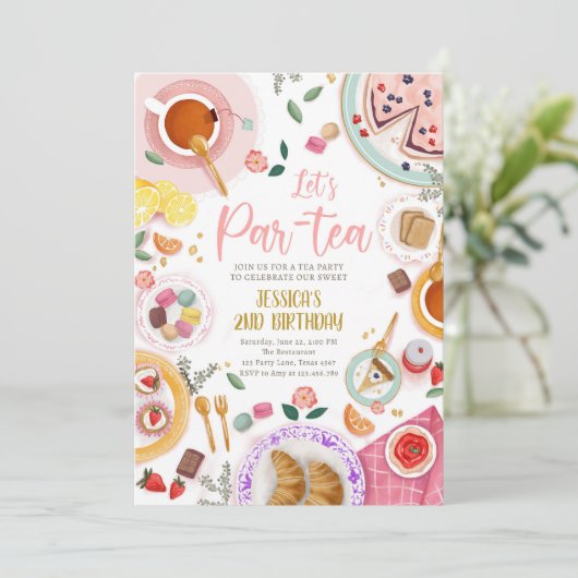 Tea Party Laten we Par-Tea Meisje Roze Goud Verjaa Kaart (Staand voorkant)