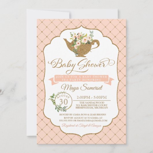 Tea Party Luxe Blush Bloemen Meisje Baby shower Kaart (Voorkant)