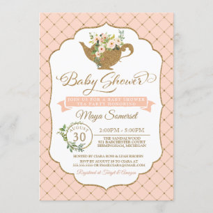 Tea Party Luxe Blush Bloemen Meisje Baby shower Kaart