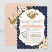 Tea Party Luxury Blush en Navy Floral Baby shower Kaart (Voorkant / Achterkant)