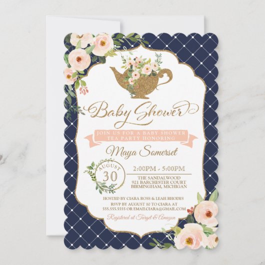 Tea Party Luxury Blush en Navy Floral Baby shower Kaart (Voorkant)