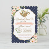Tea Party Luxury Blush en Navy Floral Baby shower Kaart (Staand voorkant)