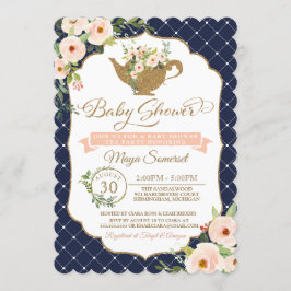 Tea Party Luxury Blush en Navy Floral Baby shower Kaart