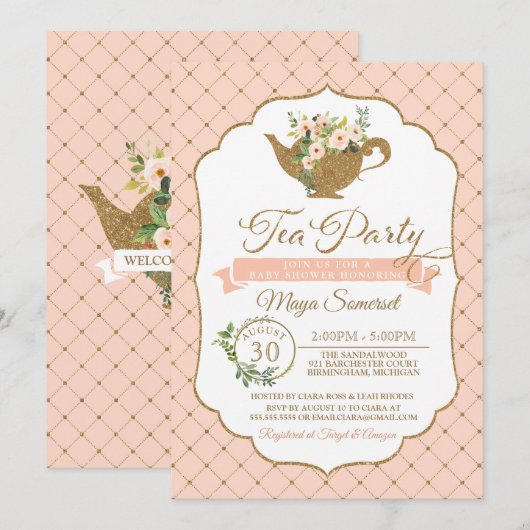 Tea Party Luxury Blush Floral Girl Baby shower Kaart (Voorkant / Achterkant)