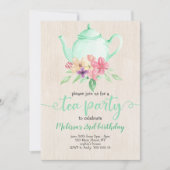 Tea Party Meisje Verjaardag Mint Blauwgroen Waterv Kaart (Voorkant)