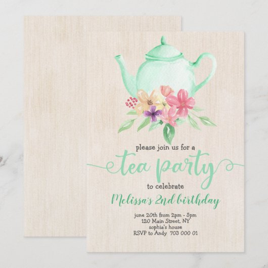 Tea Party Meisje Verjaardag Mint Blauwgroen Waterv Kaart (Voorkant / Achterkant)