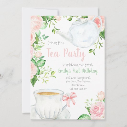 Tea Party Meisjes Verjaardag Uitnodiging, Theepott Kaart (Voorkant)
