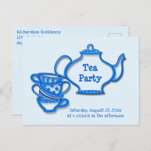Tea Party met Kettle en Cups Uitnodiging Briefkaart (Voorkant / Achterkant)