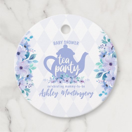 Tea Party Paarse Waterverf Baby shower Bedankjes Labels (Voorkant)