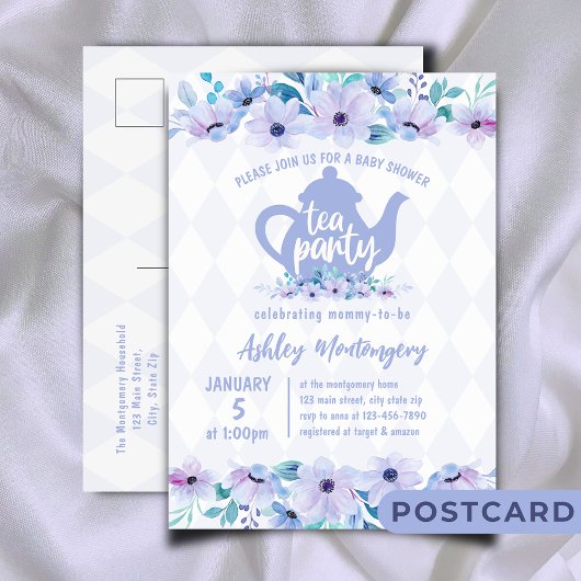 Tea Party Paarse Waterverf Baby shower Briefkaart