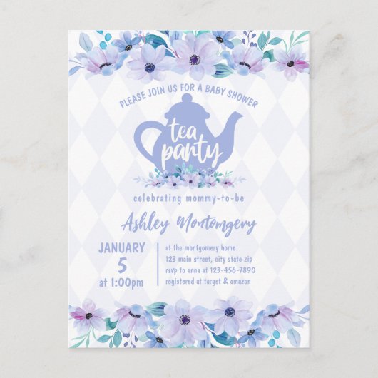 Tea Party Paarse Waterverf Baby shower Briefkaart (Voorkant)