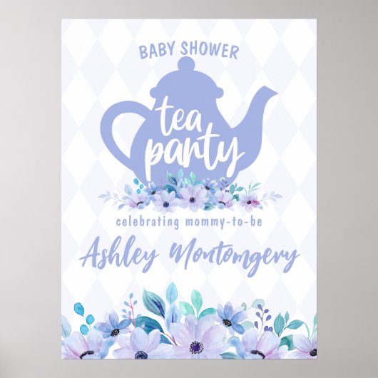 Tea Party Paarse Waterverf Baby shower Poster (Voorkant)