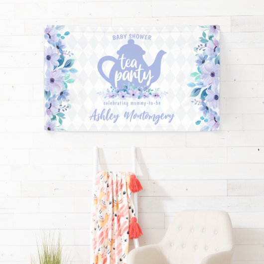 Tea Party Paarse Waterverf Baby shower Spandoek (Insitu)