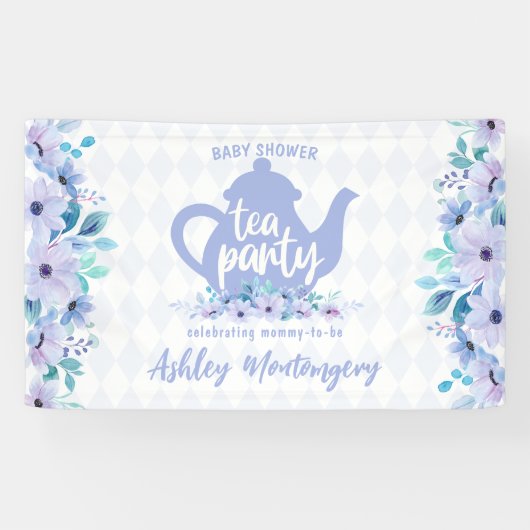 Tea Party Paarse Waterverf Baby shower Spandoek (Horizontaal)