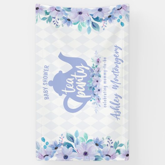Tea Party Paarse Waterverf Baby shower Spandoek (Verticaal)