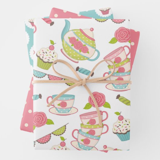 Tea Party Pastel Gift Wrapping Paper Set (In situ)
