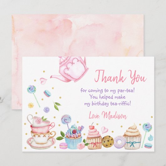Tea Party Pink Floral Birthday Dank je Bedankkaart (Voorkant / Achterkant)