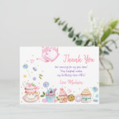 Tea Party Pink Floral Birthday Dank je Bedankkaart (Staand voorkant)