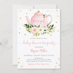Tea Party Pink Gold Floral Baby shower Kaart