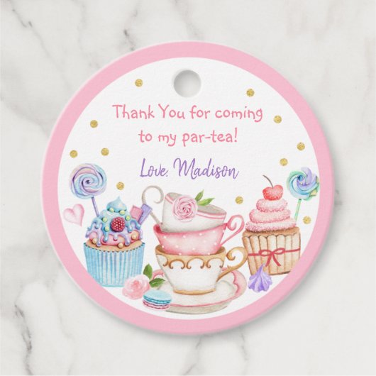 Tea Party Pink Gold Floral Birthday Bedankjes Labels (Voorkant)