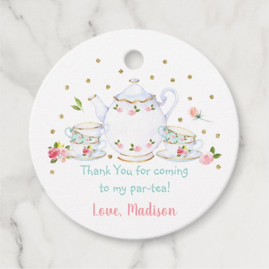 Tea Party Pink Gold Floral Birthday Bedankjes Labels (Voorkant)