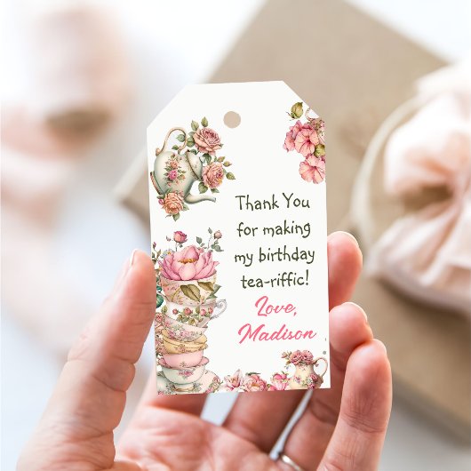 Tea Party Pink Gold Floral Birthday Hartelijk dank Cadeaulabel