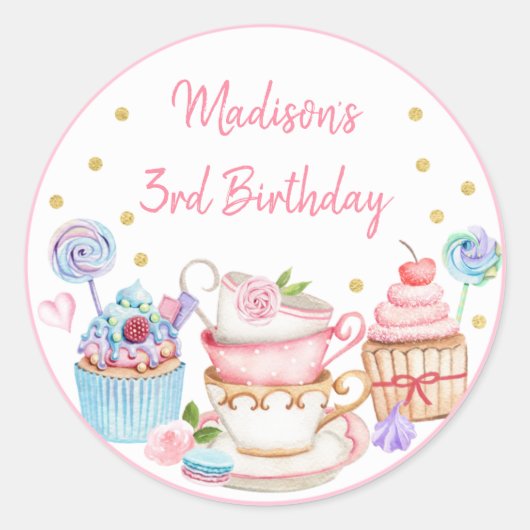 Tea Party Pink Gold Floral Birthday Ronde Sticker (Voorkant)