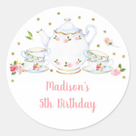Tea Party Pink Gold Floral Birthday Ronde Sticker