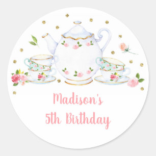 Tea Party Pink Gold Floral Birthday Ronde Sticker