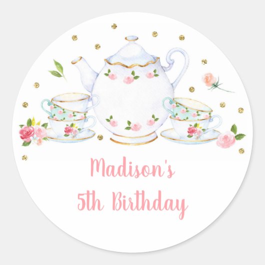 Tea Party Pink Gold Floral Birthday Ronde Sticker (Voorkant)