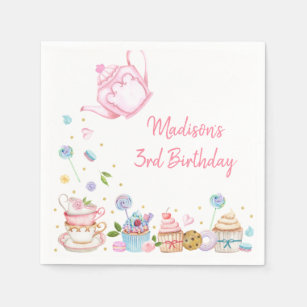 Tea Party Pink Gold Floral Birthday Servet