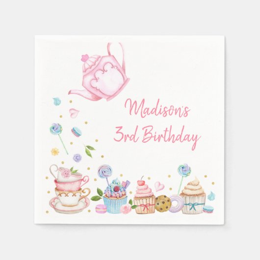Tea Party Pink Gold Floral Birthday Servet (Voorkant)