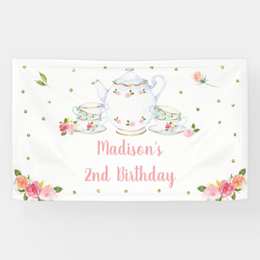 Tea Party Pink Gold Floral Birthday Spandoek (Horizontaal)