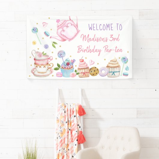 Tea Party Pink Gold Floral Birthday Spandoek (Insitu)