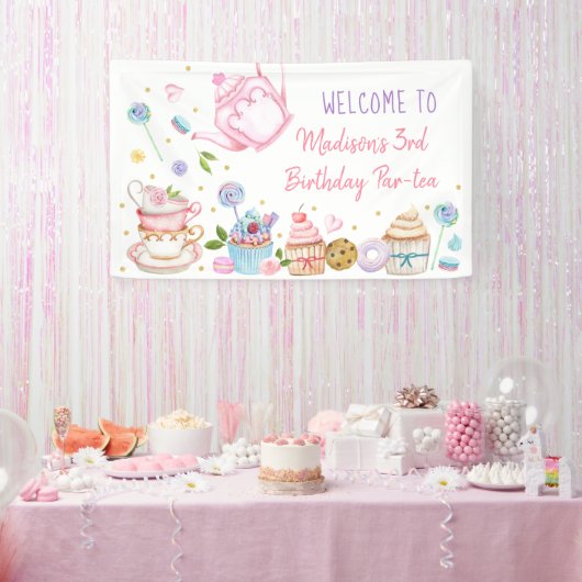 Tea Party Pink Gold Floral Birthday Spandoek (Feest)