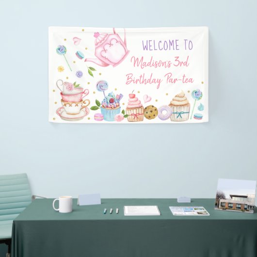 Tea Party Pink Gold Floral Birthday Spandoek (Beurs)