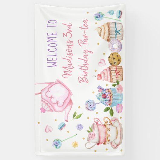 Tea Party Pink Gold Floral Birthday Spandoek (Verticaal)