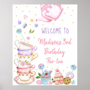 Tea Party Pink Gold Floral Birthday Welkom Poster