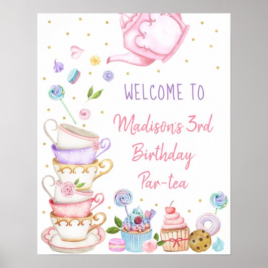 Tea Party Pink Gold Floral Birthday Welkom Poster (Voorkant)