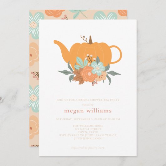 Tea Party Pumpkin Bridal Shower Invitation Kaart (Voorkant / Achterkant)