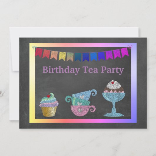 TEA PARTY RAINBOW BIRTHDAY PARTY KAART (Voorkant)