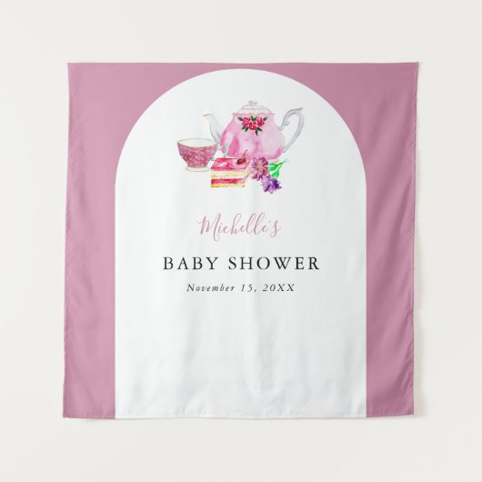 Tea Party Roze Achtergrond Baby shower Photo Booth Wandkleed (Voorkant)