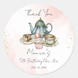 Tea party roze blauwe verjaardag dank je cadeauje ronde sticker