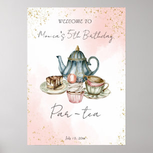 Tea party roze blauwe waterverf verjaardag welkom poster