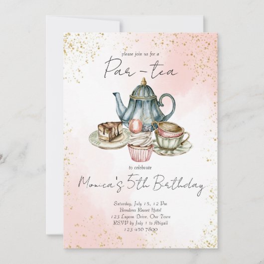 Tea party roze blauwe waterverf verjaardagsfeest kaart (Voorkant)