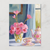 Tea Party Roze Bloem Schilderij Bloemen Briefkaart (Voorkant)