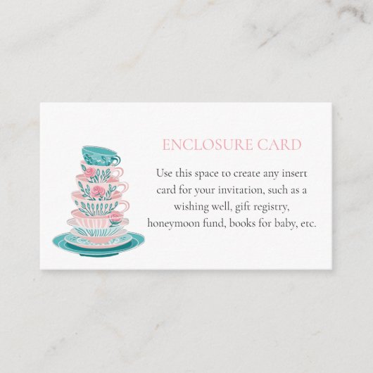 Tea Party Roze en Blauwgroen Teacups Custom Informatiekaartje (Voorkant)