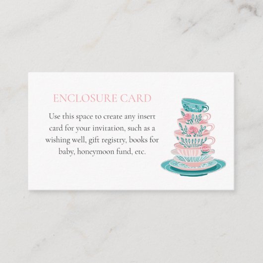 Tea Party Roze en Blauwgroen Teacups Custom Informatiekaartje (Voorkant)