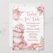Tea Party Roze en Gouden Bloemen Vrijgezellenfeest Kaart (Voorkant)
