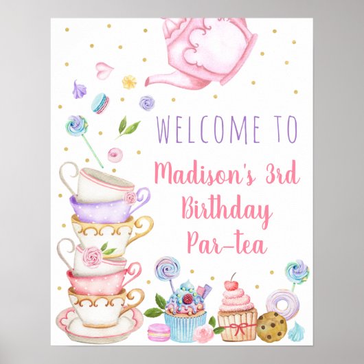 Tea Party roze Floral Birthday Welkom Poster (Voorkant)